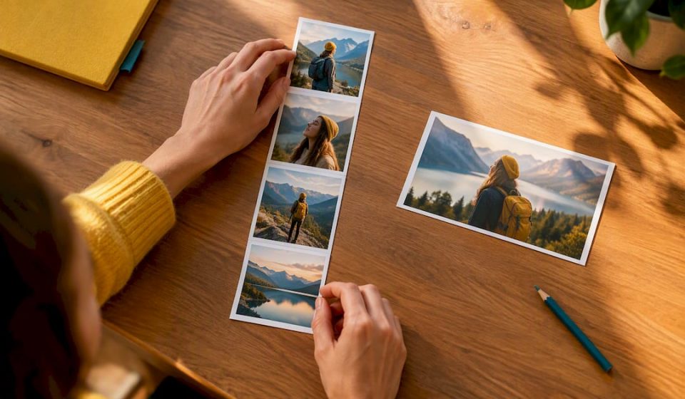 Portrait snapshots arranged in vertical sequence