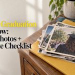 Faded graduation photos arranged on a sideboard