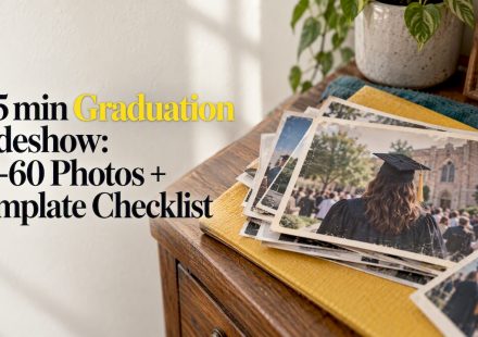 Faded graduation photos arranged on a sideboard