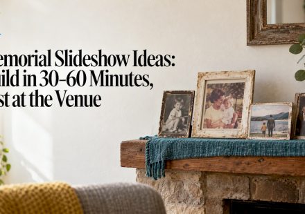 Aged family photographs arranged on a mantel