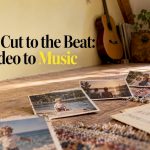 Aged photos arranged beside music notation