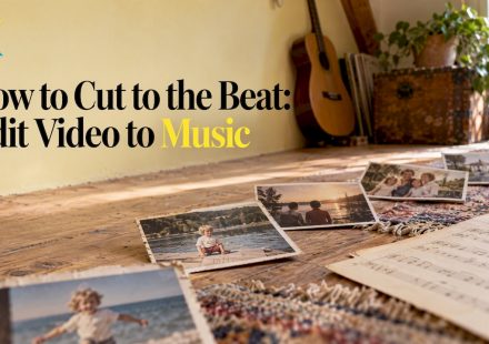 Aged photos arranged beside music notation