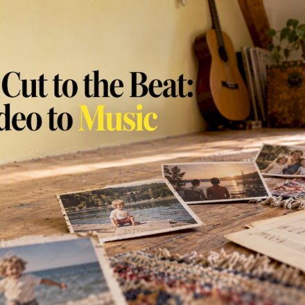 Aged photos arranged beside music notation