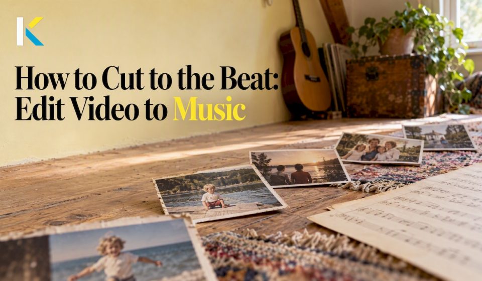 Aged photos arranged beside music notation